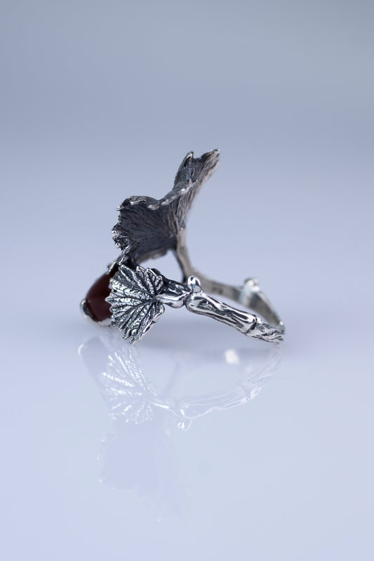 Sterling Silver Leaf Ring with Red Carnelian Gemstone