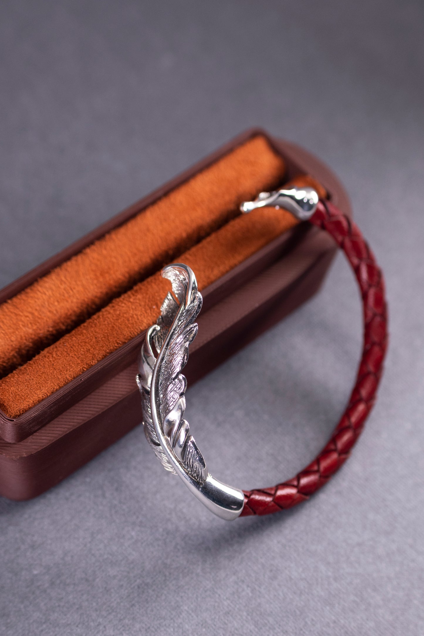 Sterling Silver Feather Cuff Bracelet | Handmade Leather Bangle