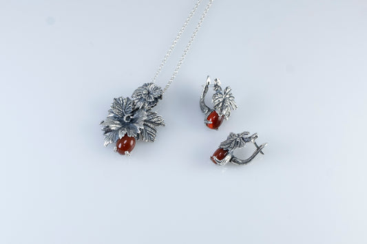 Handmade Silver Leaf Pendant Necklace with Carnelian Stone