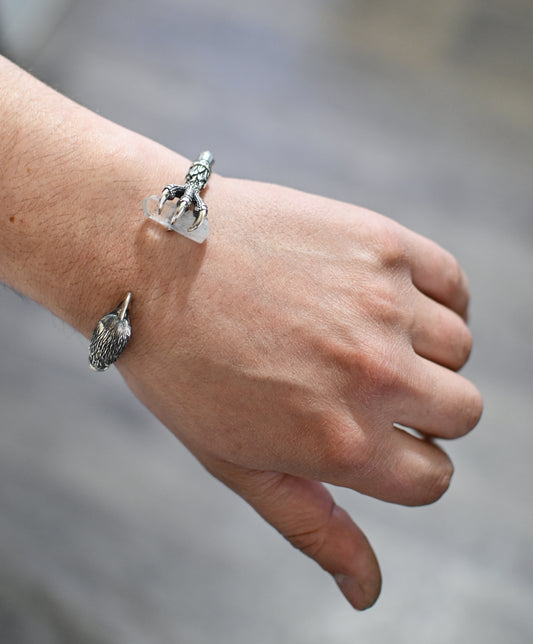 Handcrafted Eagle Claw Silver Cuff Bracelet with Crystal