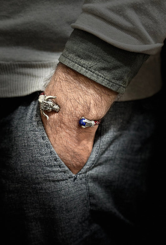 Men’s Bull Head Leather Bracelet in 925 Sterling Silver