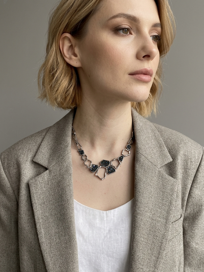 Earth Element Necklace, Handmade Geometric Silver Carborundum Necklace