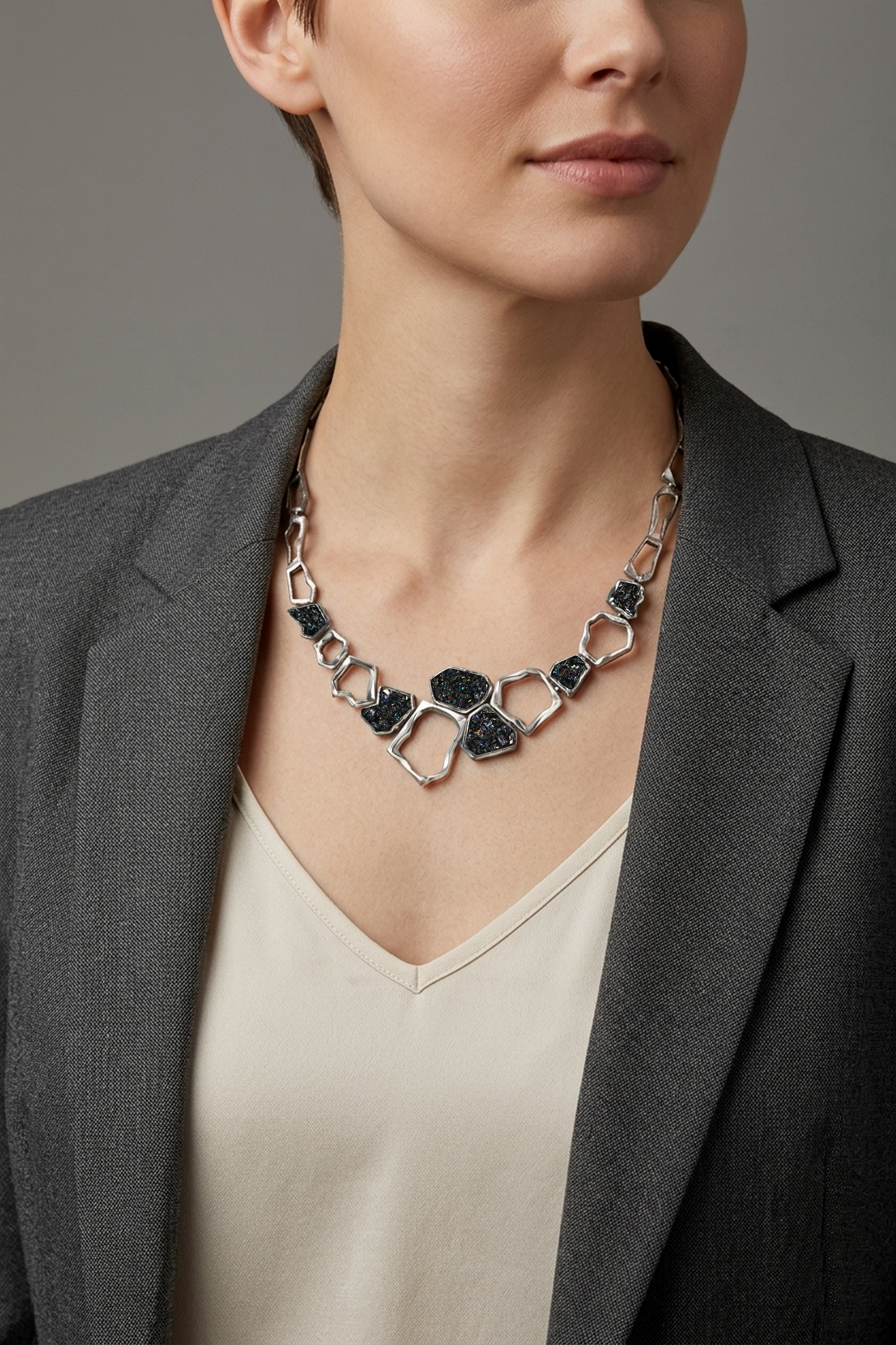 Earth Element Necklace, Handmade Geometric Silver Carborundum Necklace