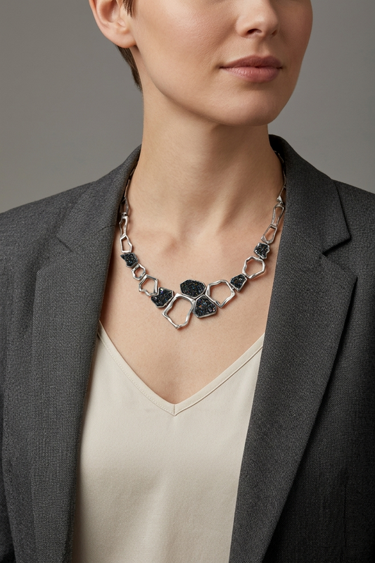 Earth Element Necklace, Handmade Geometric Silver Carborundum Necklace