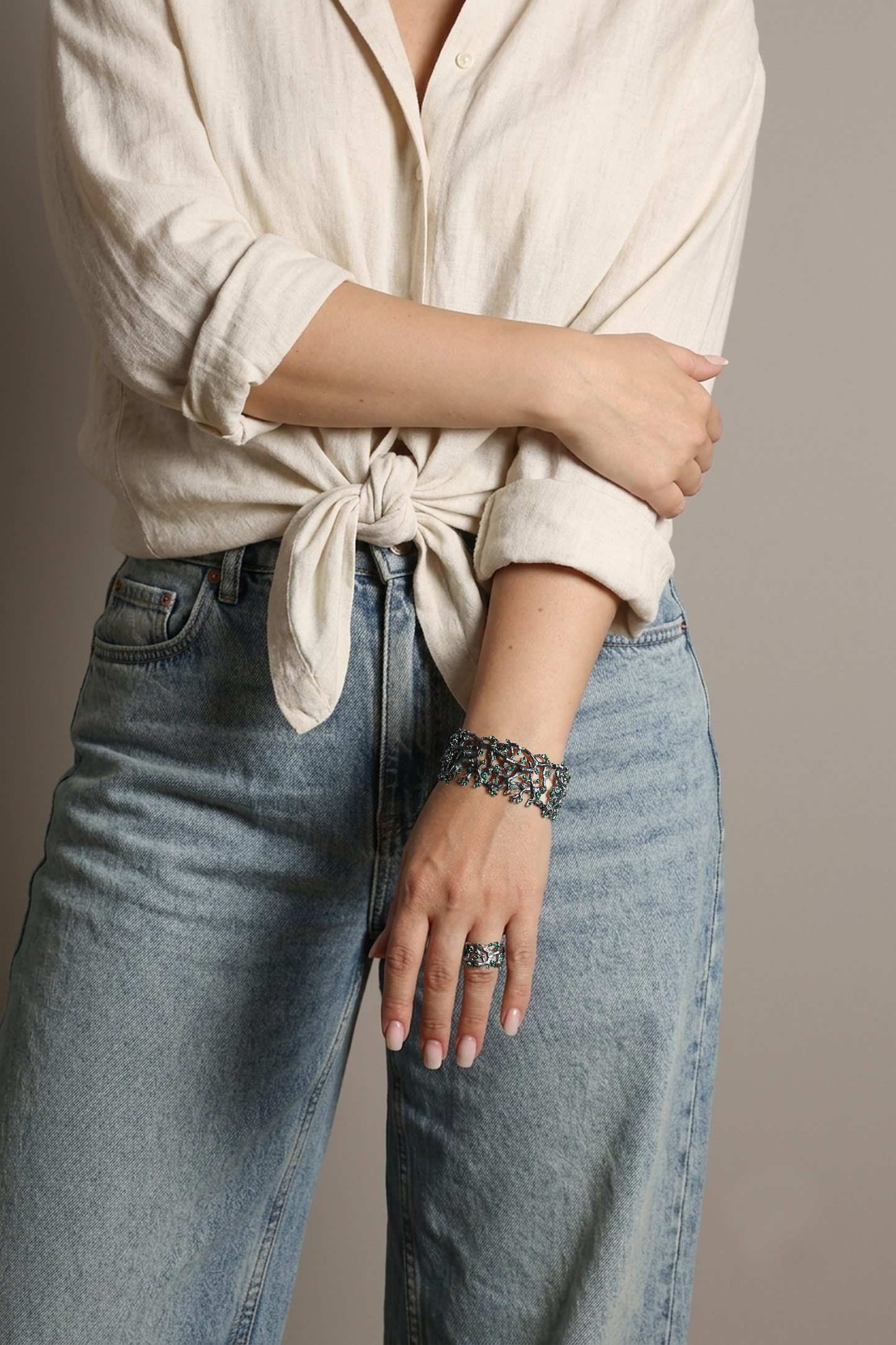 Green Gemstone Branch Cuff Bracelet