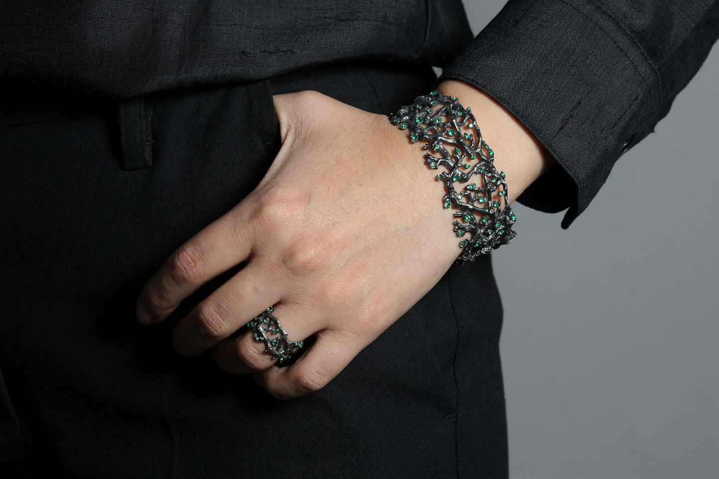 Green Gemstone Branch Cuff Bracelet