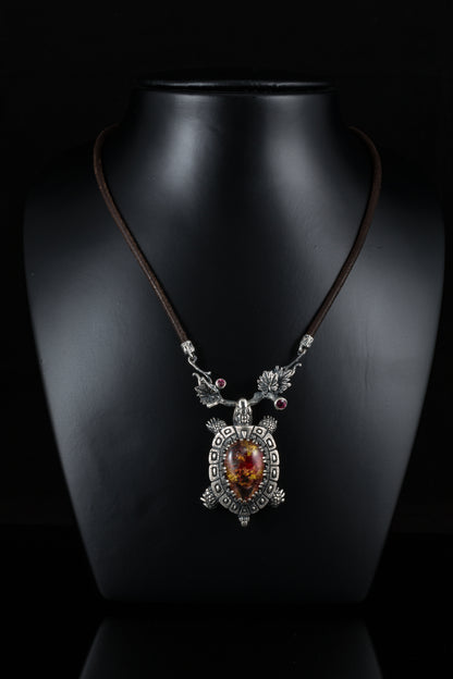 Handmade Silver Turtle Pendant with Quartz & Tourmaline
