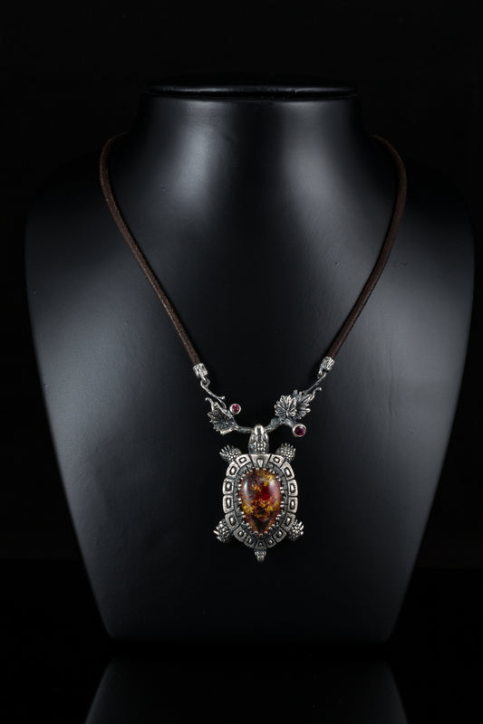 Handmade Silver Turtle Pendant with Quartz & Tourmaline