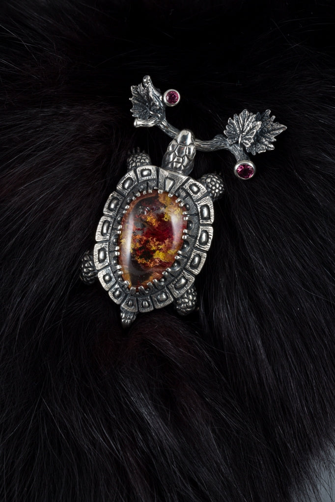 Handmade Silver Turtle Pendant with Quartz & Tourmaline