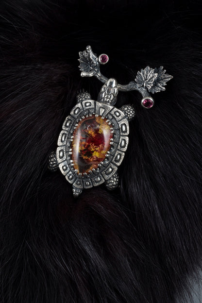 Handmade Silver Turtle Pendant with Quartz & Tourmaline