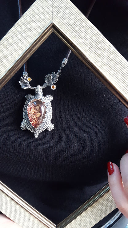 Handmade Silver Turtle Pendant with Quartz & Tourmaline