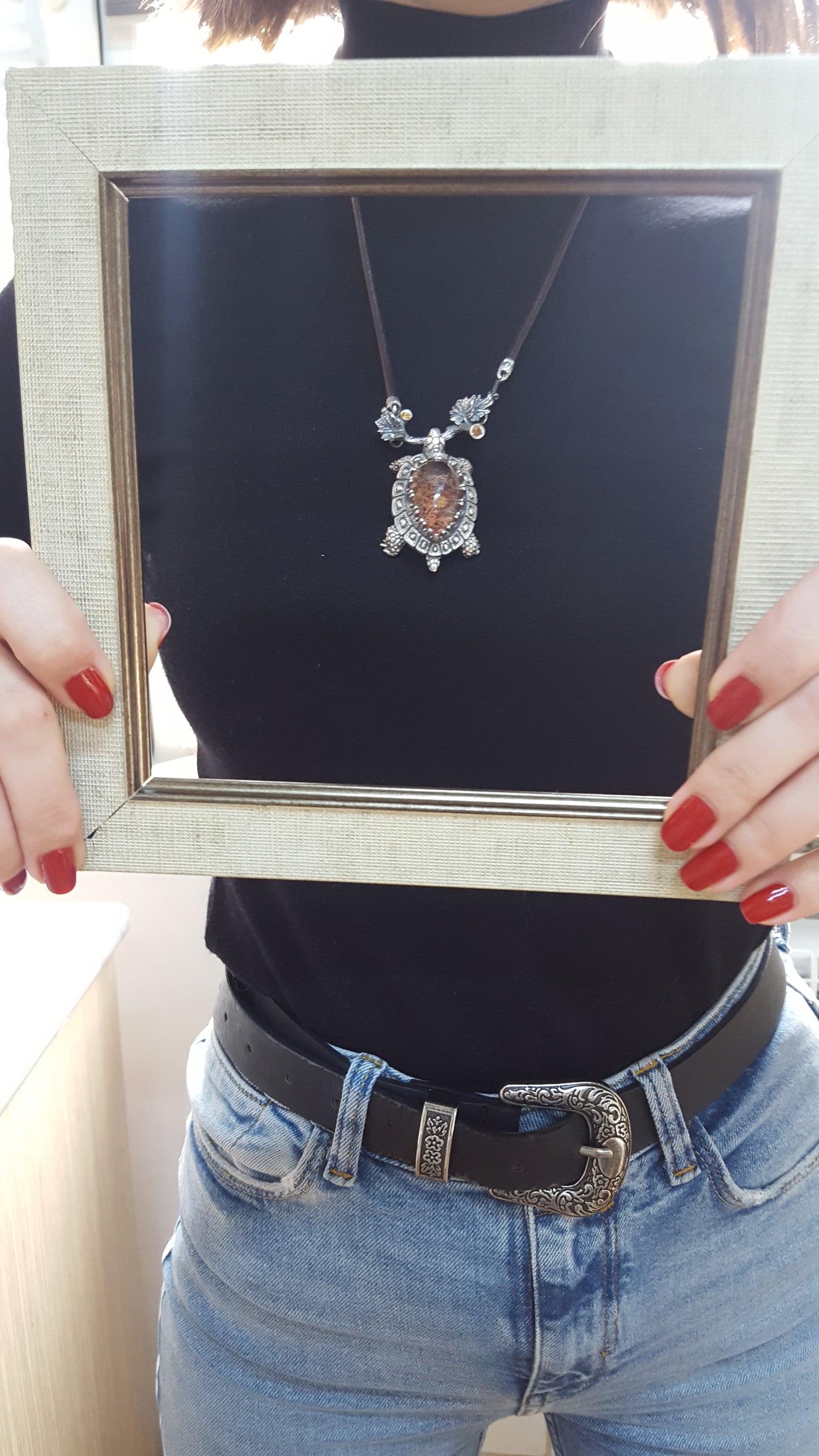 Handmade Silver Turtle Pendant with Quartz & Tourmaline