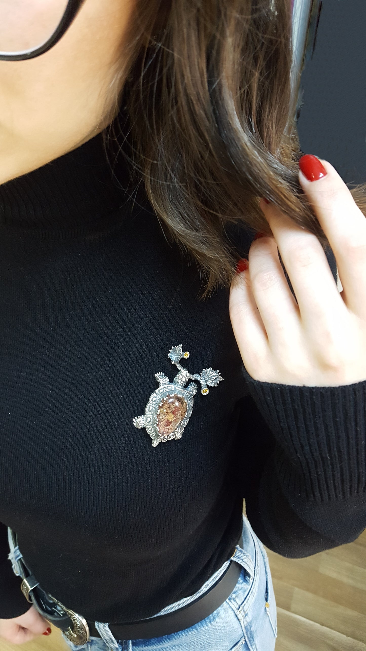 Handmade Silver Turtle Pendant with Quartz & Tourmaline