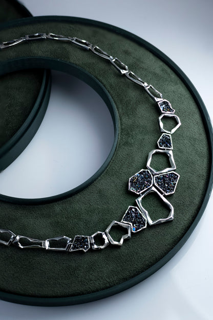 Earth Element Necklace, Handmade Geometric Silver Carborundum Necklace