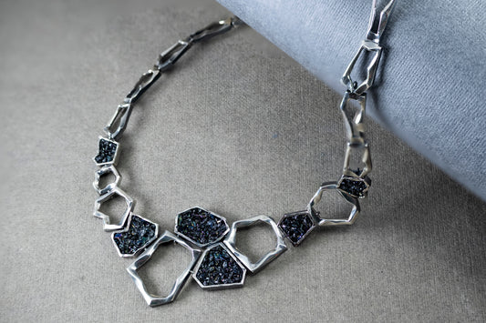 Earth Element Necklace, Handmade Geometric Silver Carborundum Necklace