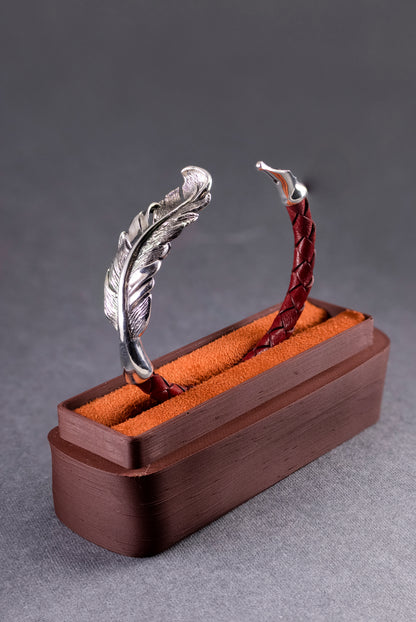 Sterling Silver Feather Cuff Bracelet | Handmade Leather Bangle