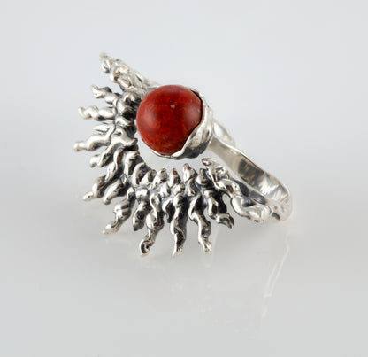 Handmade Silver Sun Ring with Red Stone