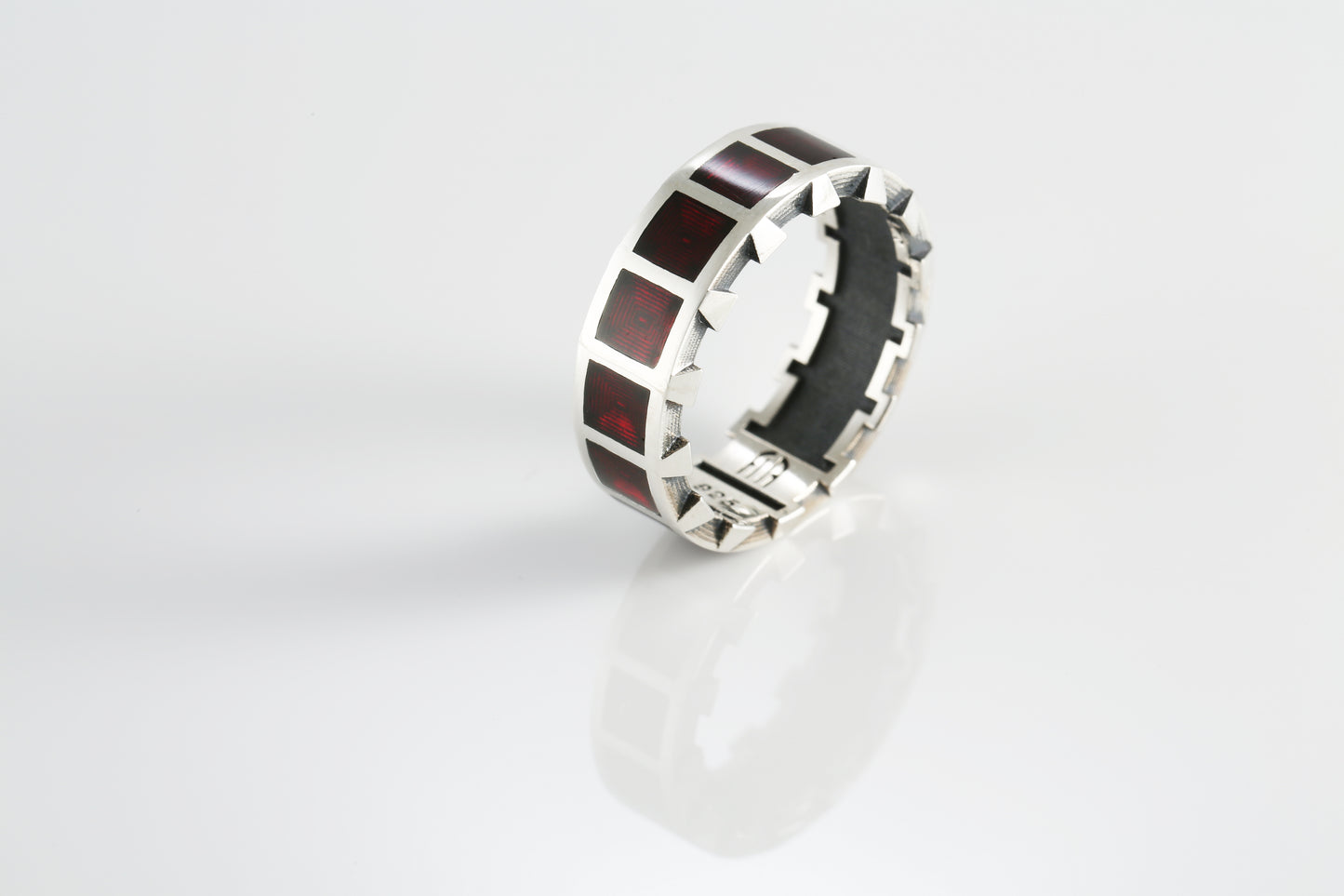 Men's Geometric Sterling Silver Ring - Red Enamel