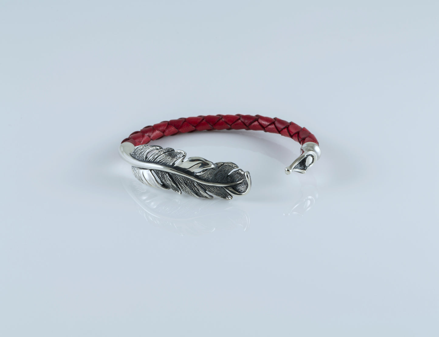 Sterling Silver Feather Cuff Bracelet | Handmade Leather Bangle