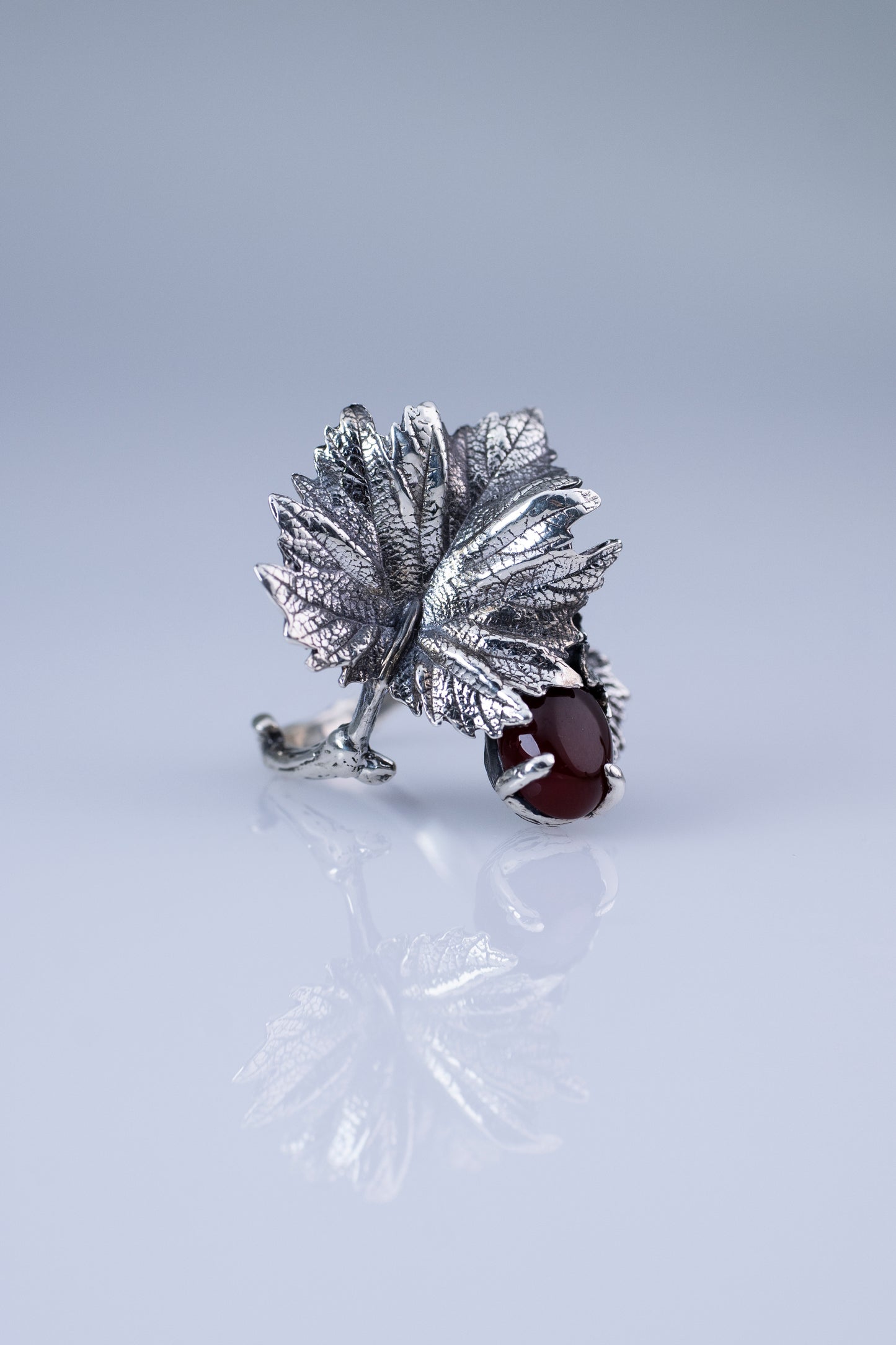 Sterling  Silver Leaf Ring with Red Carnelian Gemstone