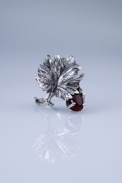 Sterling  Silver Leaf Ring with Red Carnelian Gemstone