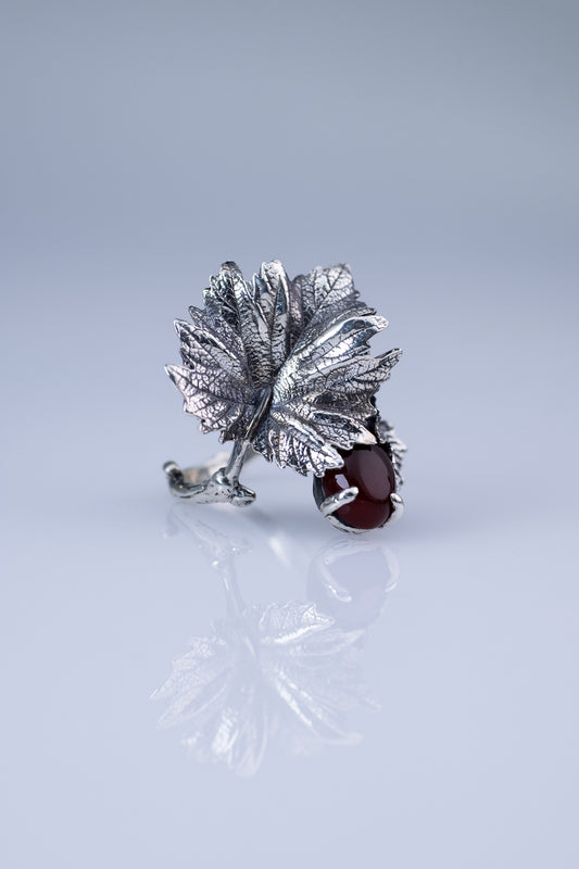 Sterling  Silver Leaf Ring with Red Carnelian Gemstone