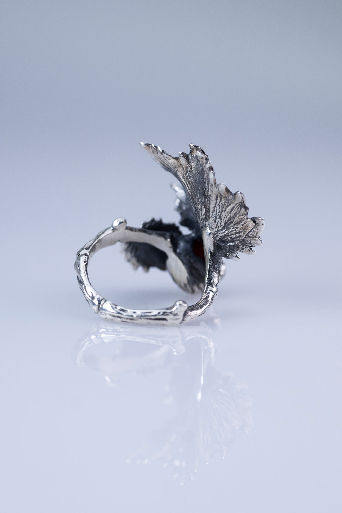 Sterling  Silver Leaf Ring with Red Carnelian Gemstone