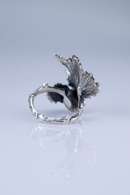 Sterling  Silver Leaf Ring with Red Carnelian Gemstone