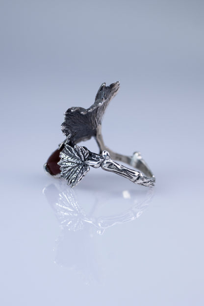 Sterling  Silver Leaf Ring with Red Carnelian Gemstone