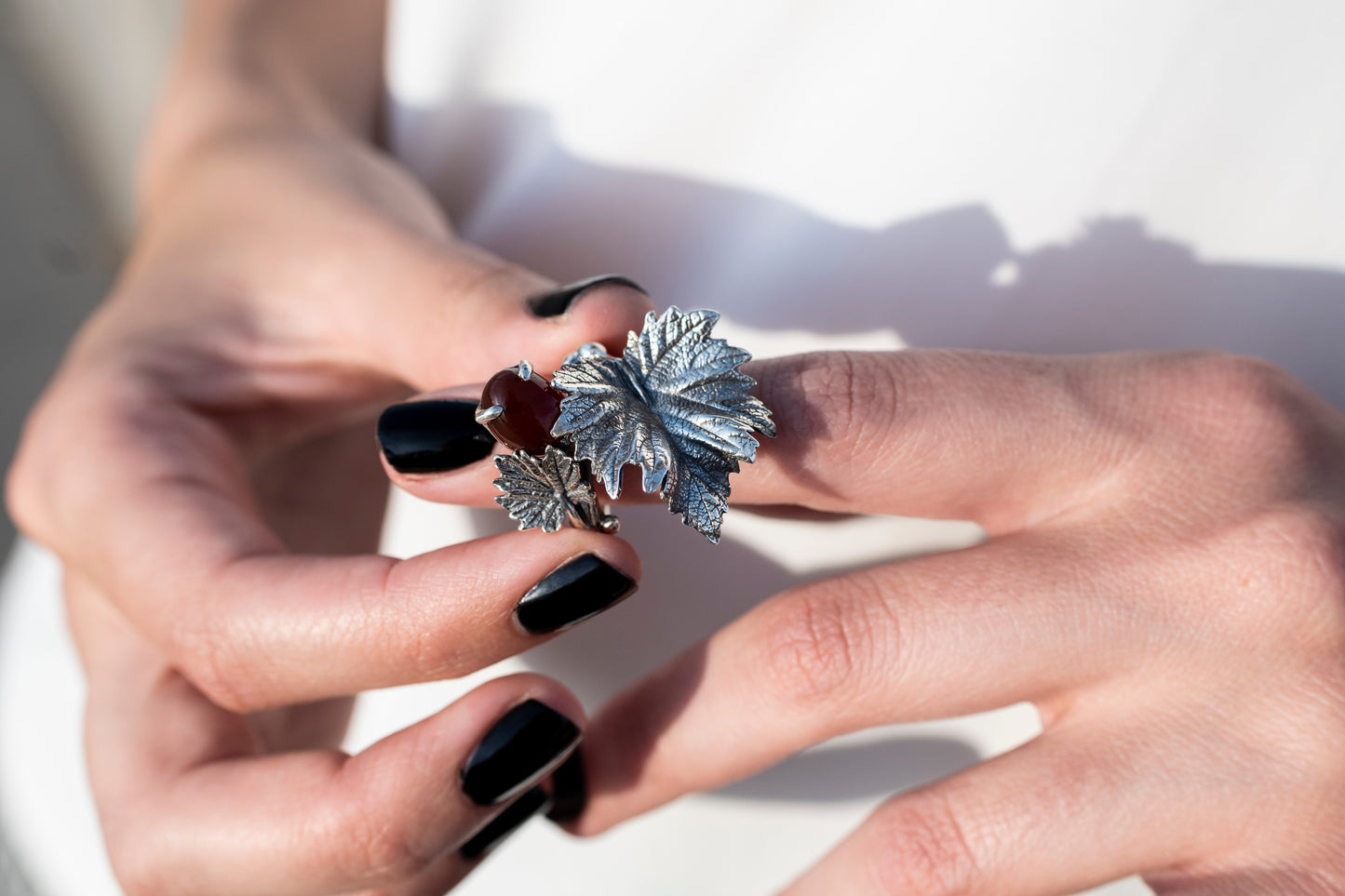 Sterling  Silver Leaf Ring with Red Carnelian Gemstone