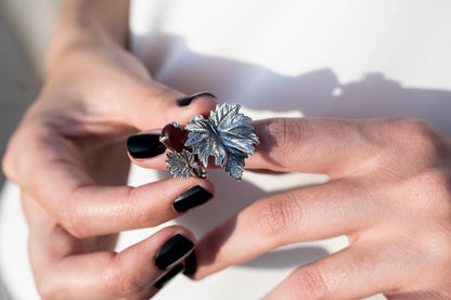 Sterling  Silver Leaf Ring with Red Carnelian Gemstone