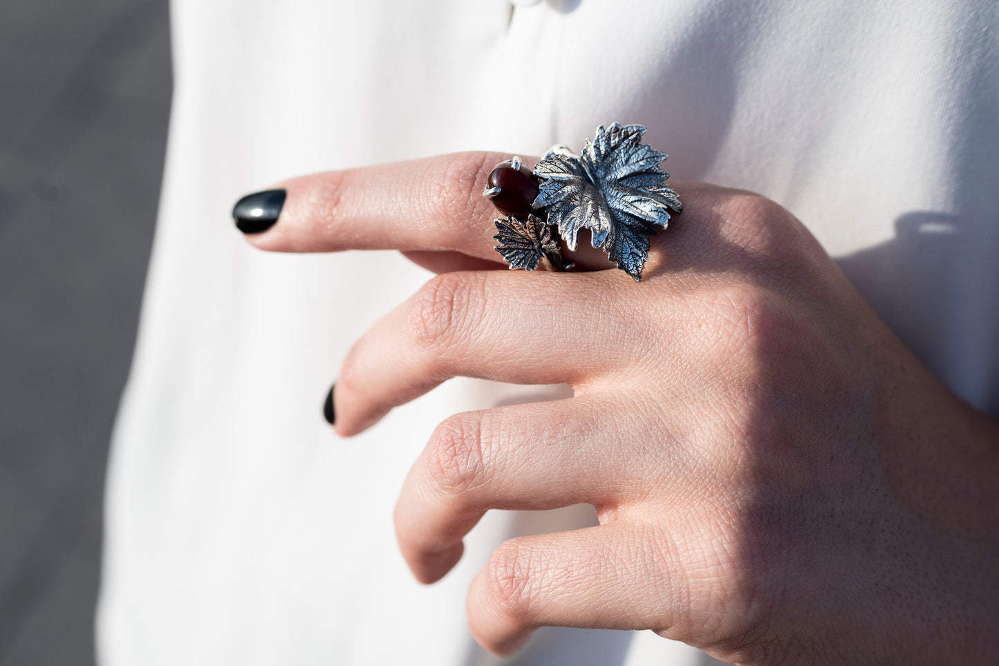 Sterling  Silver Leaf Ring with Red Carnelian Gemstone