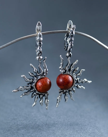 Red Coral Sterling Silver Sun Earrings