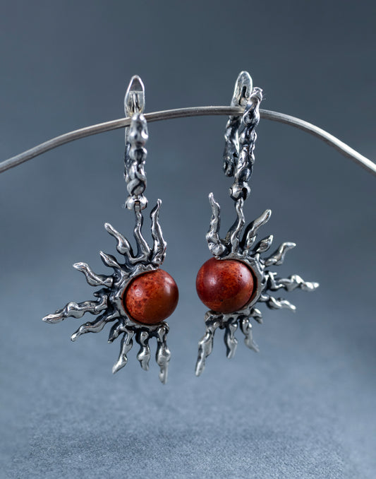 Red Coral Sterling Silver Sun Earrings