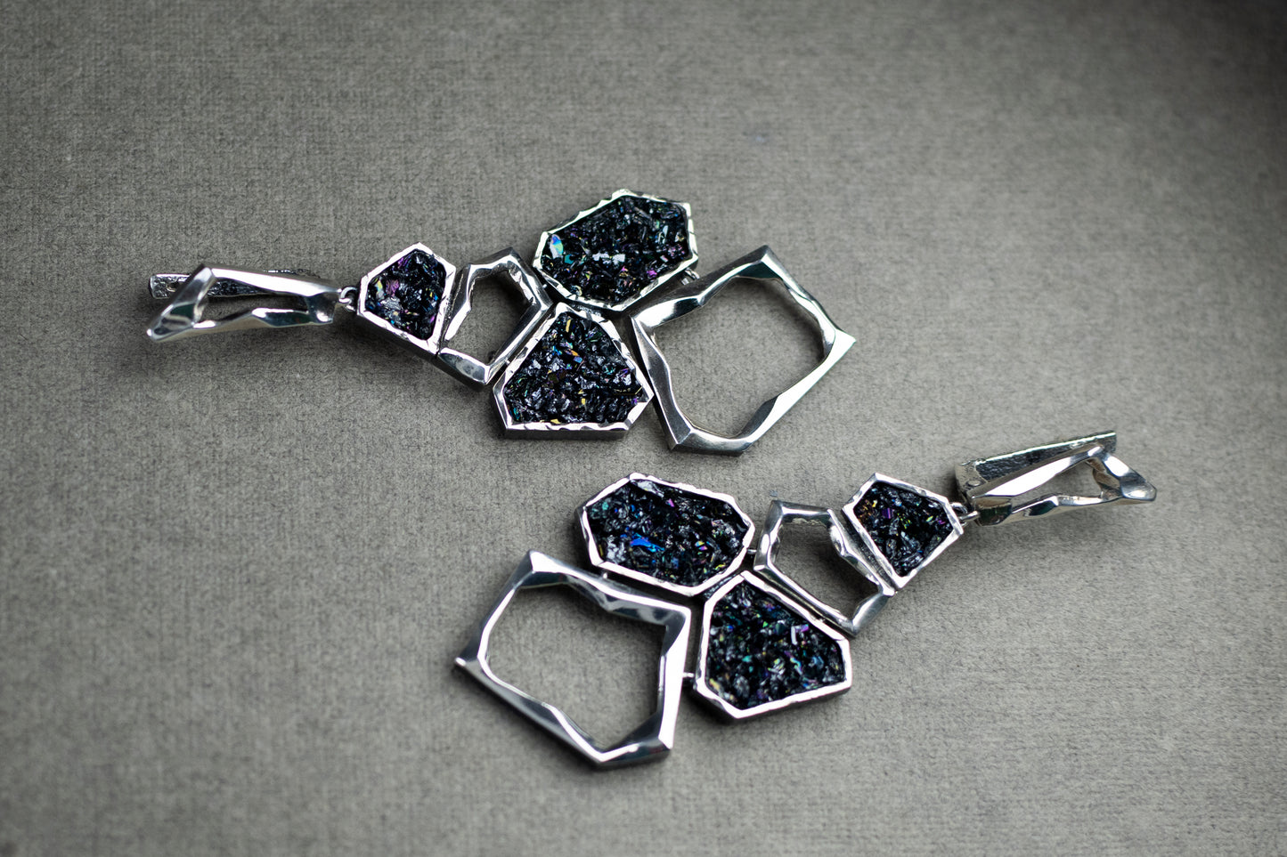 Earth Element Earrings, Handmade Geometric Silver Carborundum Earrings