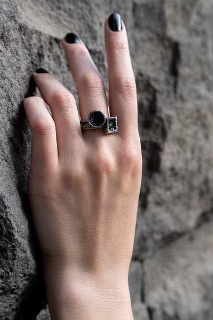 Square and Round Textured Silver Rings