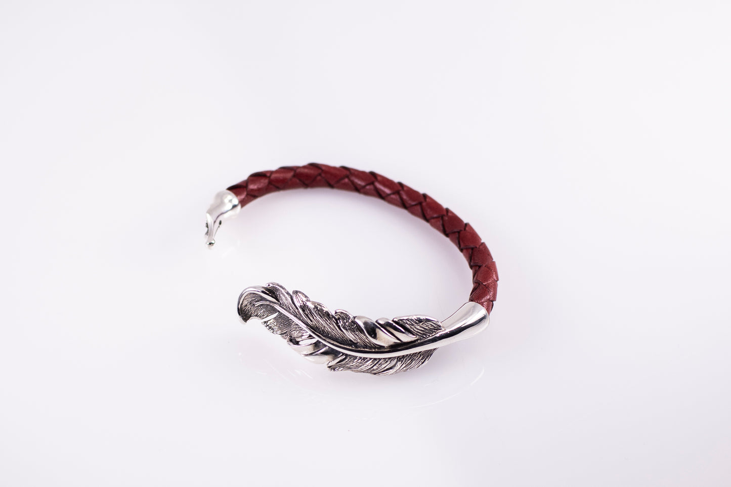 Sterling Silver Feather Cuff Bracelet | Handmade Leather Bangle