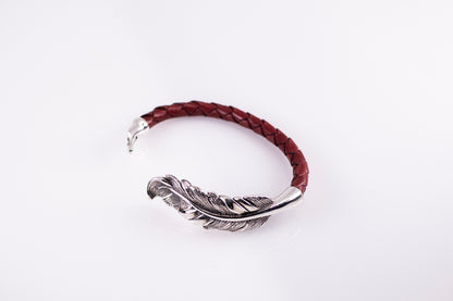Sterling Silver Feather Cuff Bracelet | Handmade Leather Bangle