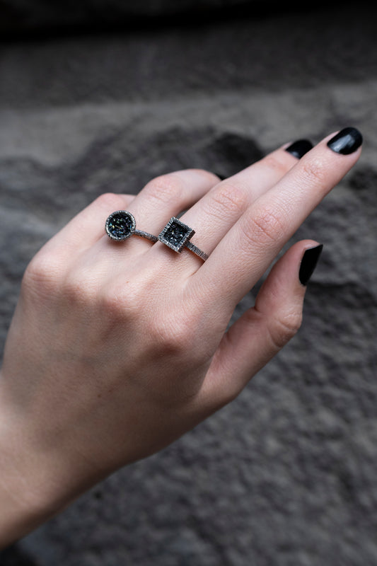 Square and Round Textured Silver Rings
