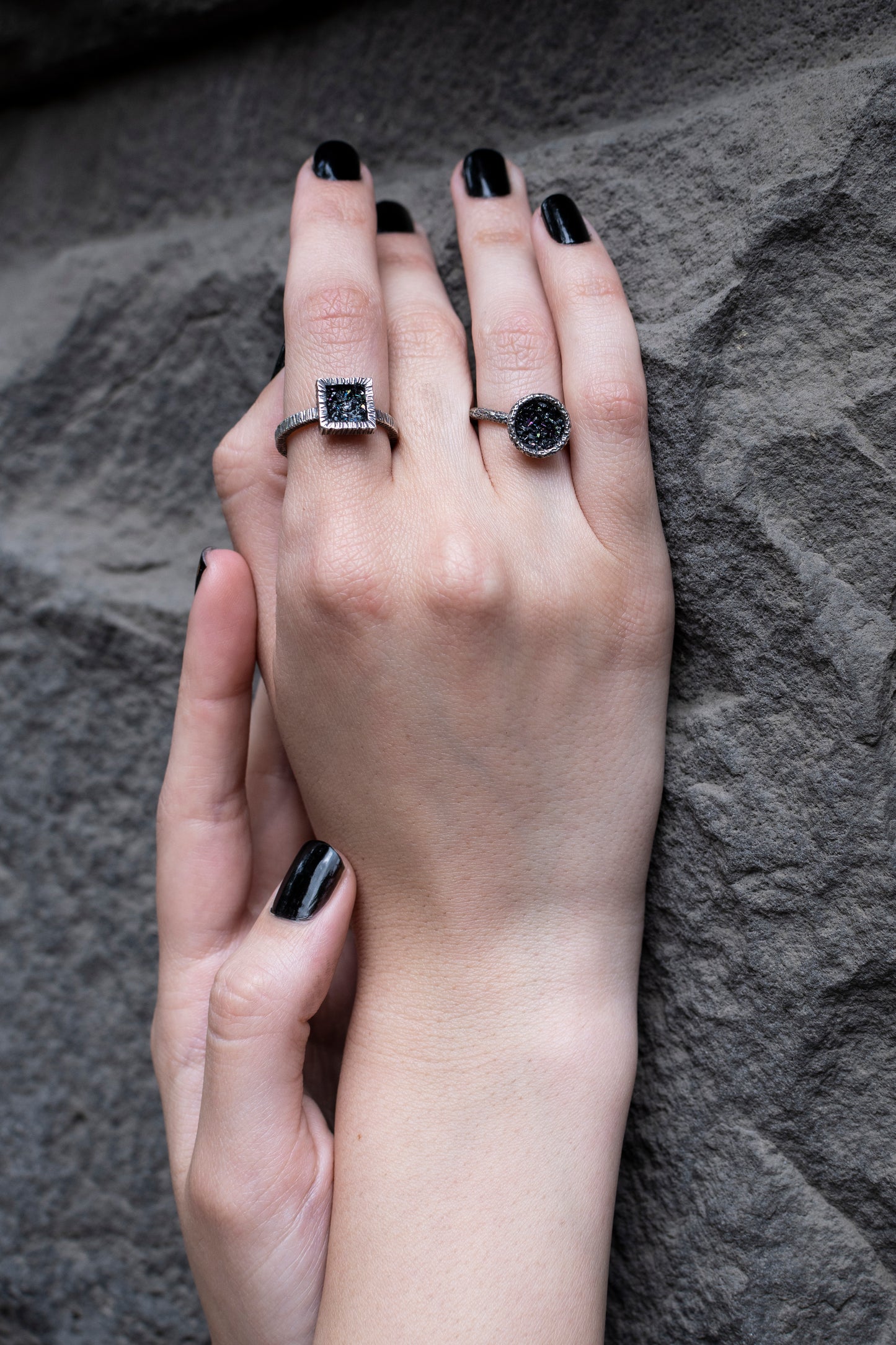 Square and Round Textured Silver Rings