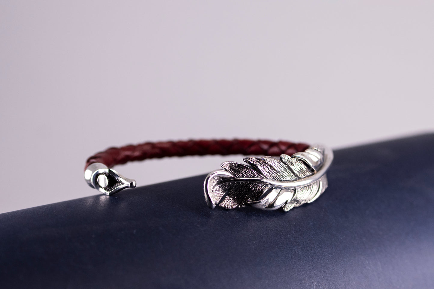 Sterling Silver Feather Cuff Bracelet | Handmade Leather Bangle