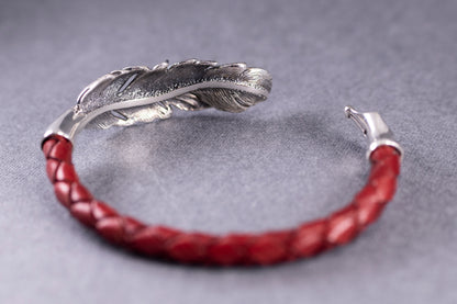 Sterling Silver Feather Cuff Bracelet | Handmade Leather Bangle
