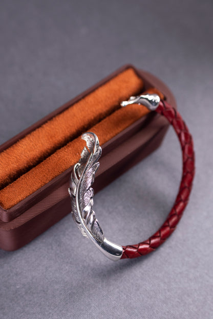 Sterling Silver Feather Cuff Bracelet | Handmade Leather Bangle
