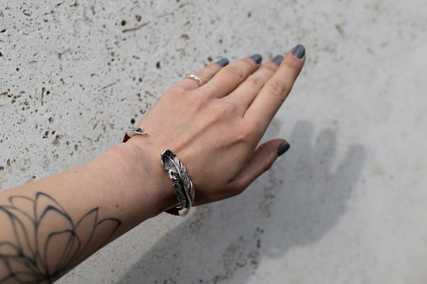 Sterling Silver Feather Cuff Bracelet | Handmade Leather Bangle