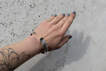 Sterling Silver Feather Cuff Bracelet | Handmade Leather Bangle
