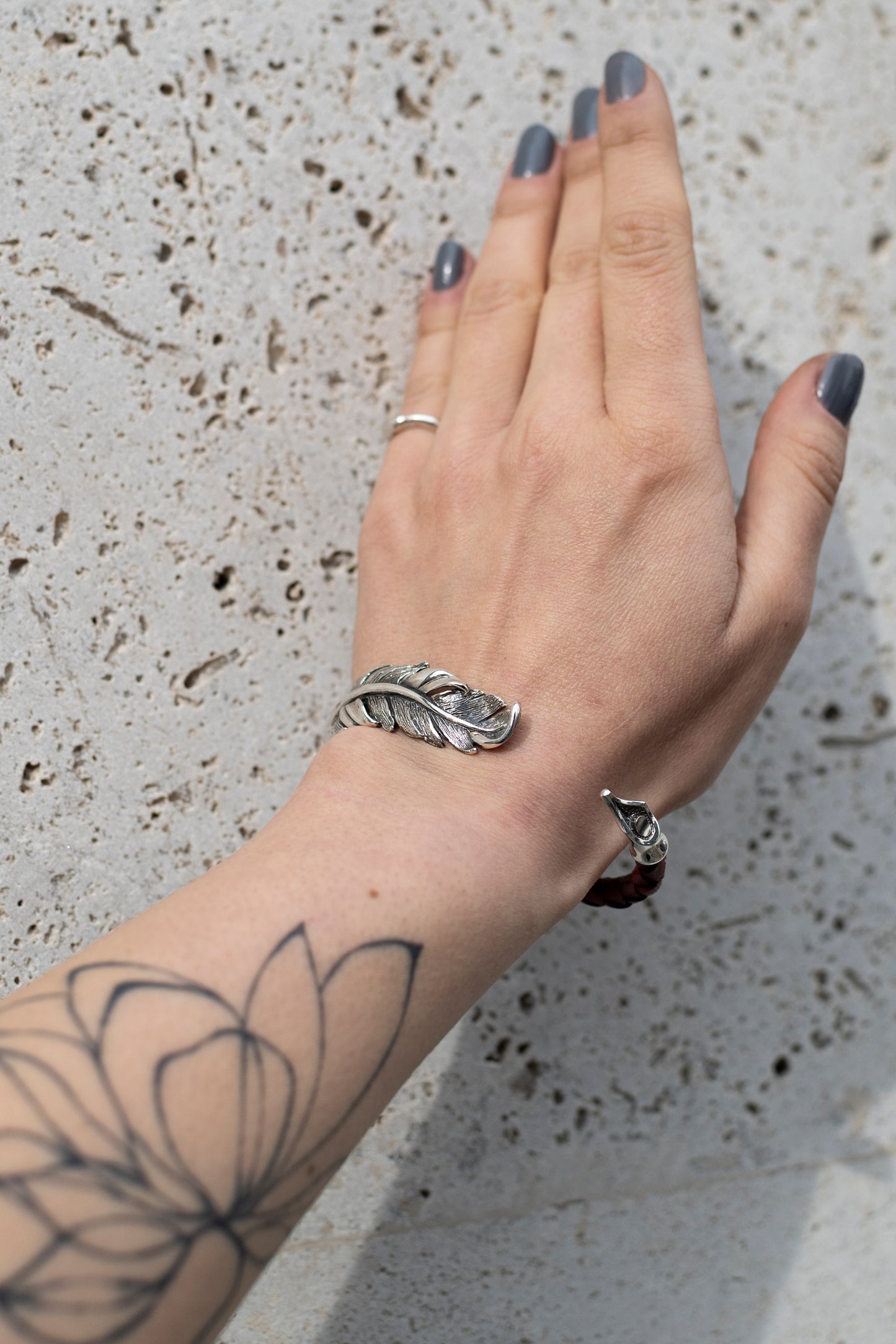 Sterling Silver Feather Cuff Bracelet | Handmade Leather Bangle
