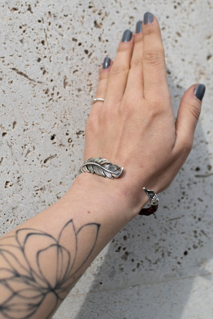 Sterling Silver Feather Cuff Bracelet | Handmade Leather Bangle