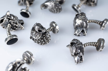 Lion Head Sterling Silver Cufflinks, Onyx Stone Back