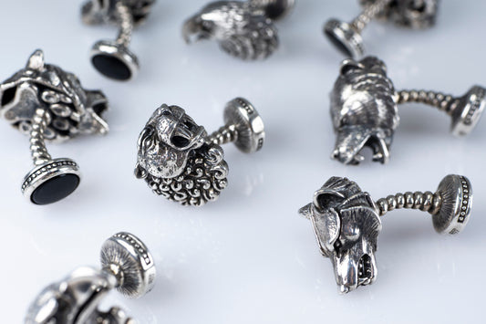 Lion Head Sterling Silver Cufflinks, Onyx Stone Back