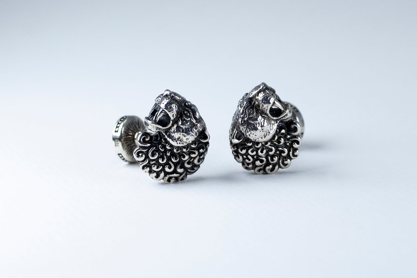 Lion Head Sterling Silver Cufflinks, Onyx Stone Back